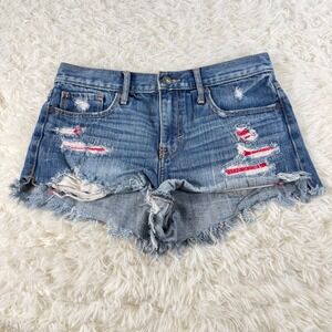 Abercrombie & Fitch Distressed Ripped Red Patched Denim Short Shorts Size 4 Y2K